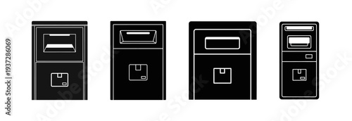 Collection of four black illustrated mailboxes, showcasing different designs and features for postal services
