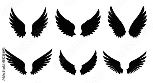 Collection of Six Black Angel Wings Silhouettes Isolated on White.