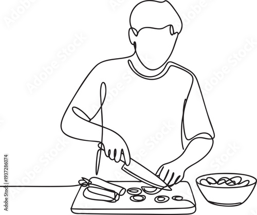 Continuous line drawing of man chopping fresh vegetables on cutting board for home cooking