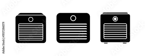 Three black and white icons representing air purifiers or dehumidifiers with horizontal vents and a circular indicator light on top