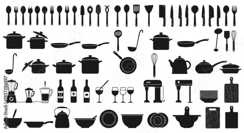 Collection of Kitchen Utensils and Cookware Silhouettes.