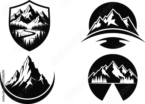 Mountain adventure logo badges, peaks and pine forest silhouettes, outdoor travel emblems, nature landscape icons, hiking expedition vector illustrations