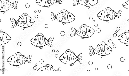 Cute Cartoon Fish Seamless Pattern with Bubbles on Light Blue Background