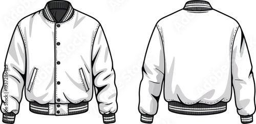 Black and White Varsity Jacket Line Art with Ribbed Collar and Button Closure