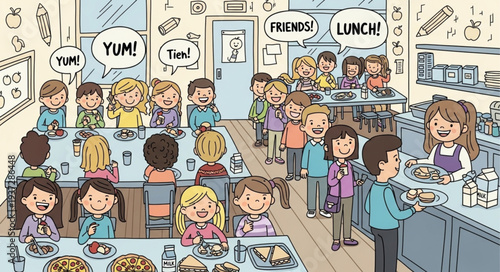 Children Enjoying Lunch in School Cafeteria Scene.