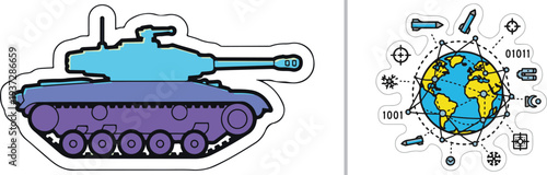 Vector sticker set featuring a purple and teal modern battle tank and a technical global defense icon with satellites, missiles, and digital data orbiting Earth.