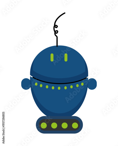 Flat vector illustration of a round blue robot with antenna and tracked base. Friendly futuristic robot isolated on a white background.