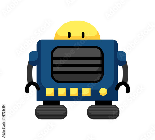 Flat vector illustration of a blue robot with square body and yellow head. Cute cartoon robot character isolated on a white background.