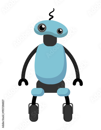 Flat vector illustration of a cute blue robot with big eyes and wheels. Friendly cartoon robot isolated on a white background.