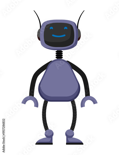 Flat vector illustration of a cute purple robot with a smiling screen face and antennas. Friendly futuristic robot character isolated on a white background.