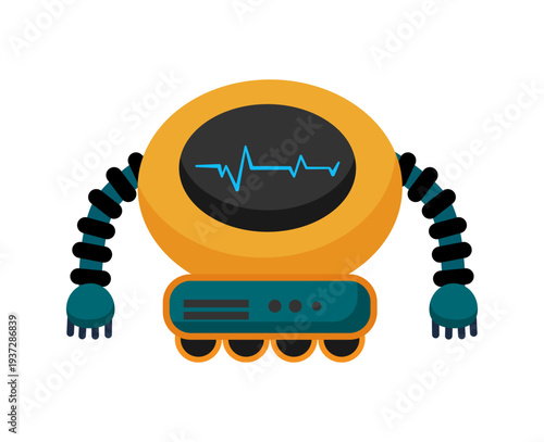 Flat vector illustration of a futuristic robot with flexible arms and a screen showing a digital signal. Cartoon tech robot isolated on a white background.