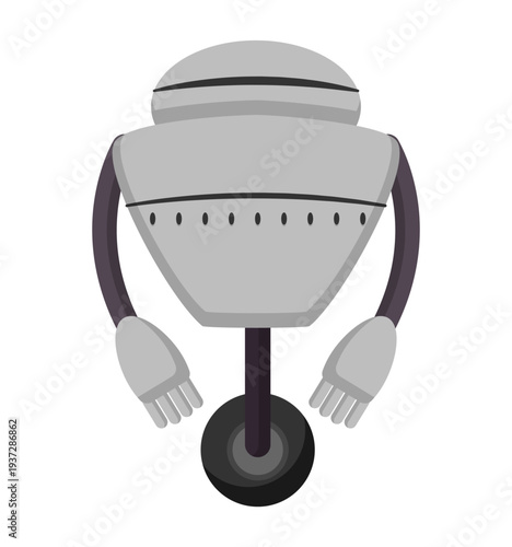 Flat vector illustration of a gray robot with mechanical arms and a single wheel base. Cartoon robot character isolated on a white background.
