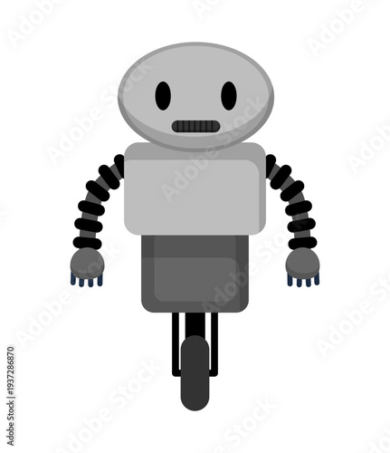 Flat vector illustration of a gray robot on one wheel with flexible mechanical arms. Cartoon robot character isolated on a white background.