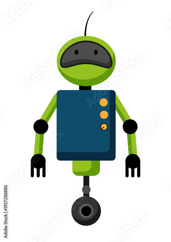 Flat vector illustration of a green robot riding on a single wheel with simple mechanical arms. Cartoon robot character isolated on a white background.
