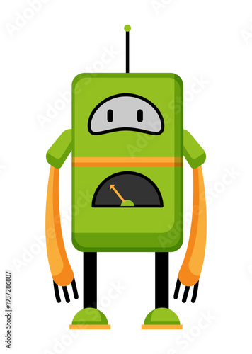 Flat vector illustration of a green robot with antenna and long orange arms. Friendly cartoon robot character isolated on a white background.