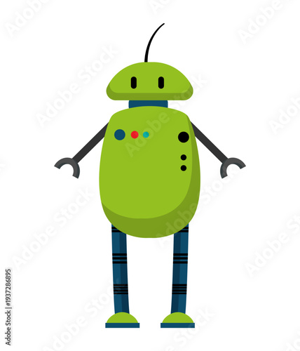 Flat vector illustration of a green cartoon robot with antenna and simple mechanical arms. Friendly futuristic robot isolated on a white background.