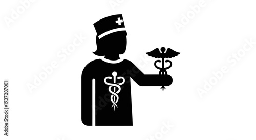 Silhouette of Medical Professional Holding Caduceus Symbol