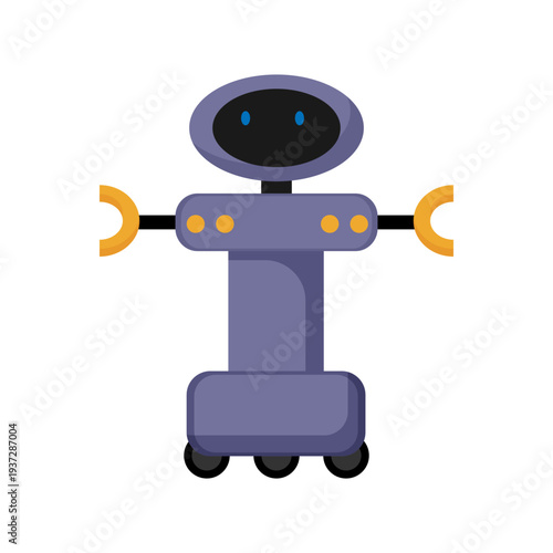 Flat vector illustration of a small service robot with wheels and simple arms. Friendly cartoon robot isolated on a white background.