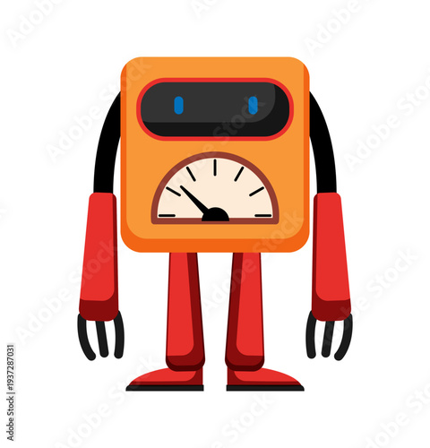 Flat vector illustration of a red robot with gauge panel and digital eyes. Friendly futuristic robot character isolated on a white background.