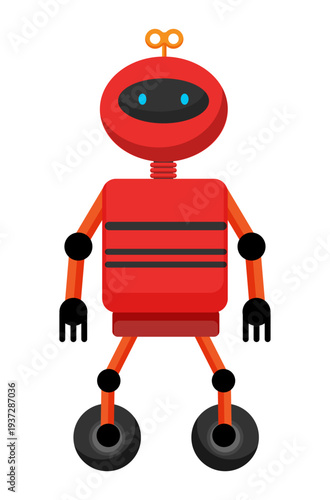 Flat vector illustration of a red robot with round head, mechanical arms and wheels instead of feet. Cartoon robot character isolated on a white background.