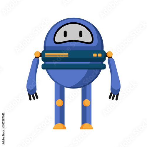 Flat vector illustration of a round blue robot with simple mechanical arms and legs. Friendly cartoon robot isolated on a white background.