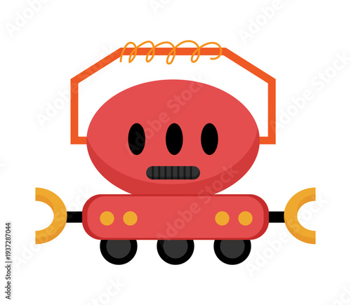 Flat vector illustration of a red robot with wheels and antenna frame on the head. Cute cartoon robot character isolated on a white background.