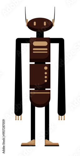 Flat vector illustration of a tall brown robot with long arms and antenna. Cartoon robot character isolated on a white background.