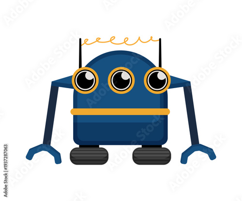 Flat vector illustration of a funny robot with three eyes and long arms. Cartoon futuristic robot isolated on a white background.