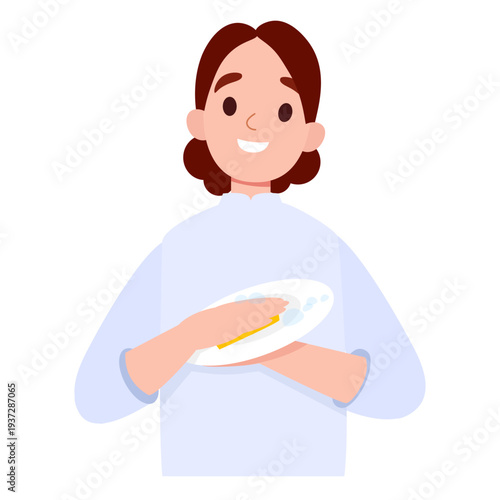 Smiling woman washing dishes with a sponge