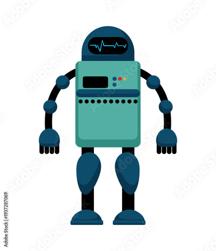 Flat vector illustration of a teal colored robot with flexible arms and digital display. Friendly cartoon robot isolated on a white background.