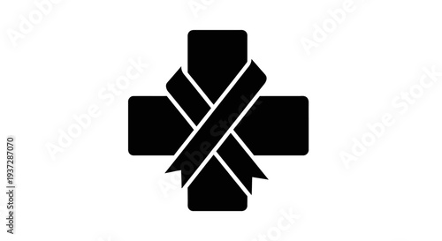 Black Medical Cross with Ribbon Symbol on White Background