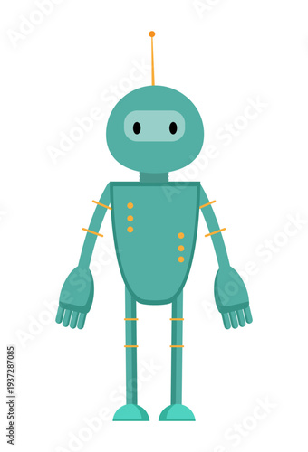 Flat vector illustration of a turquoise robot with antenna, long arms and simple mechanical body. Cute cartoon robot character isolated on a white background.