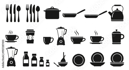 Collection of kitchenware and cooking utensils icons.
