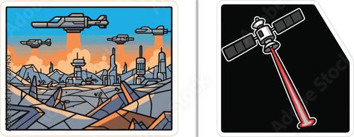 Futuristic sci-fi vector set featuring spacecraft ascending from a lunar colony landscape and a tactical satellite firing a red laser beam against a dark background.