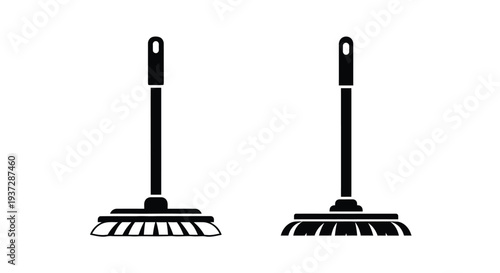 Two black silhouette icons depicting traditional push brooms with handles