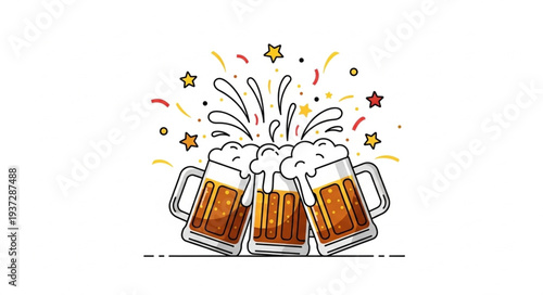 Three Beer Mugs Clinking Together With Confetti And Stars.