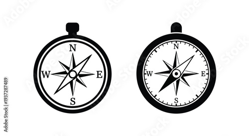 Two black and white compasses displaying cardinal directions with simple designs