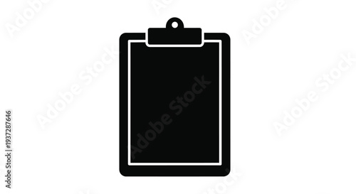 Simple black silhouette of a clipboard with a metal clip on top