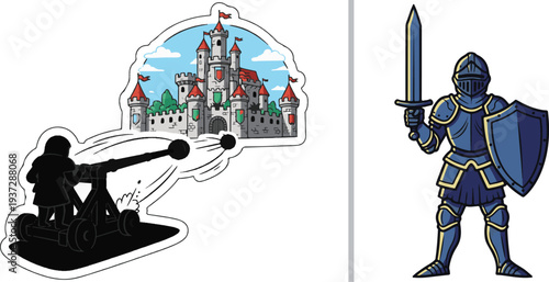 A vector set featuring a blue-armored knight with a sword and shield alongside a scene of a silhouette operating a catapult to launch stones at a red-roofed medieval castle.