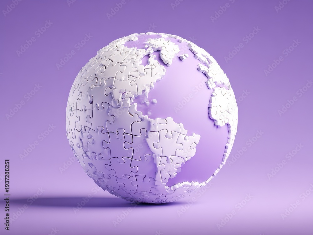Obraz premium white puzzle pieces forming globe isolated on a purple background