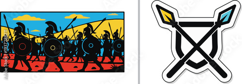 Vibrant vector illustration of a phalanx of ancient hoplites with shields and spears against a bright landscape, paired with a clean sticker of a shield and crossed spears.