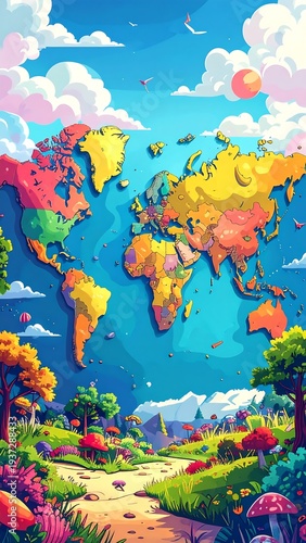 Vibrant illustration of a stylized world map