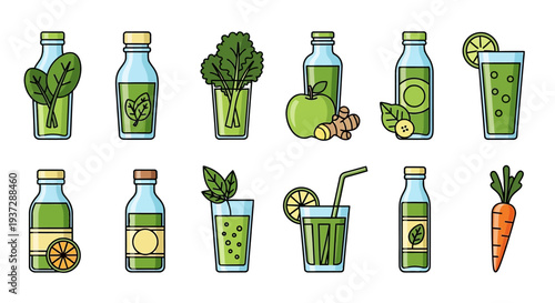 Green juice bottles and glasses.