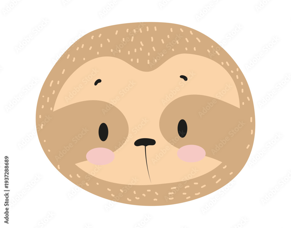 Naklejka premium Cute cartoon sloth face with sleepy eyes and soft fur pattern. Flat vector illustration of a tropical animal character isolated on white background for kids prints, nursery decor and stickers.