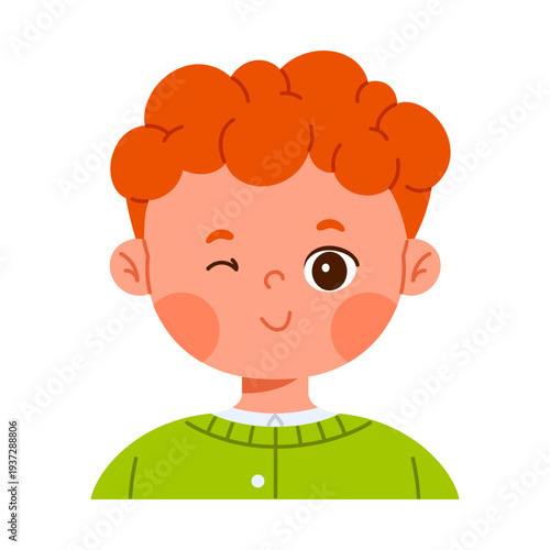 Cute happy redhead boy character winking. Facial expression concept. Friendly child avatar with positive emotion. Isolated vector illustration in cartoon style