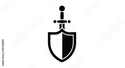 A black silhouette of a medieval shield and sword emblem