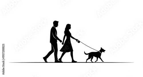 Couple Walking Dog Together Silhouette.