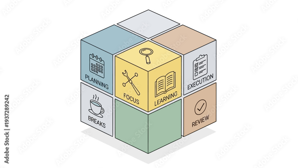 Fototapeta premium Business workflow process cube illustrating project management steps.