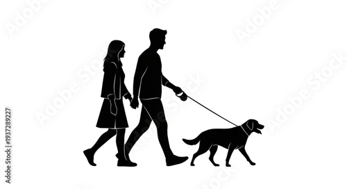 Man and Woman Walking Dog.