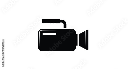 Simple black silhouette of a vintage video camera on a white background